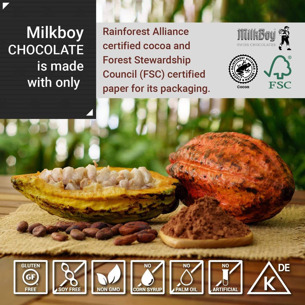 Milkboy Swiss Dark Chocolate Variety Pack - Gourmet Dark Chocolate Bars - 85% Dark Chocolate - Made in Switzerland - All Natural - Sustainably Farmed Cocoa - Gluten GMO Free - Vegan - 3.5 oz 5 Pack - Gift Box