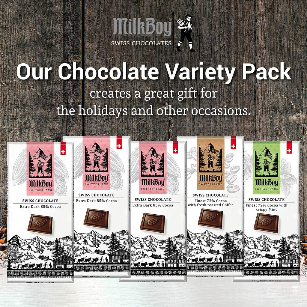 Milkboy Swiss Dark Chocolate Variety Pack | Gourmet Dark Chocolate Bars| 85% Dark Chocolate | Made in Switzerland | All Natural | Sustainably Farmed Cocoa | Gluten, GMO Free | Vegan | 3.5 oz 5 Pack